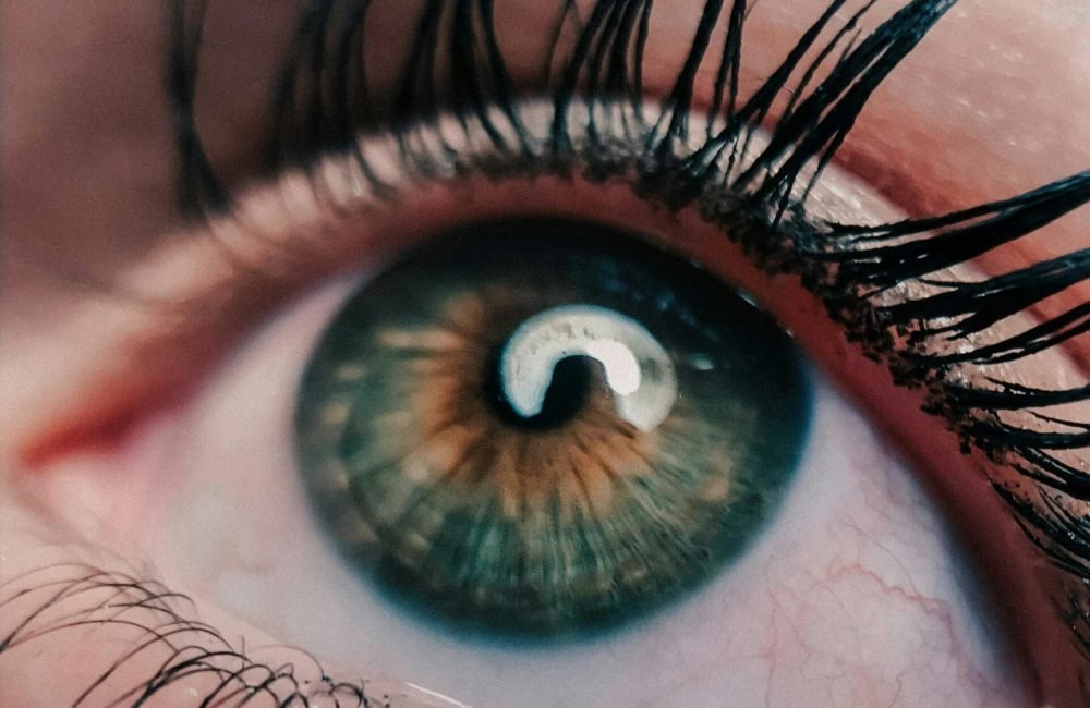 Detailed macro shot of a human eye, showcasing green iris, eyelashes, and reflection.